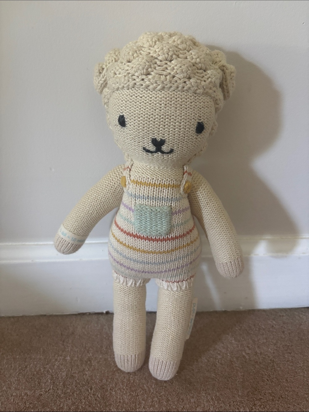 Cuddle and Kind Avery the lamb - Cream Knit Lamb with Pastel Striped Overalls